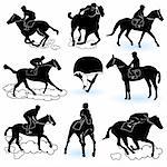 Illustration of 8 different jockey silhouettes, and a jockey cap