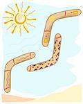 an illustration of three boomerangs with different designs on a desert sky background