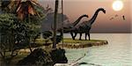 Two Brachiosaurus dinosaurs enjoy a beautiful sunset.