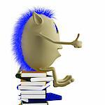 3D puppet with blue hairs sitting on books