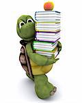 3D render of Tortoise with school book and apple