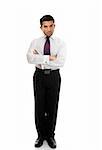 Confident business man or salesman standing with arms folded on a white background.