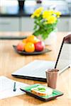 Kitchen table with sandwich, cup, l pen, paper and laptop