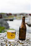 Beer bottle and glass on rock