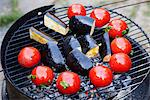 Eggplants and tomatoes on grill