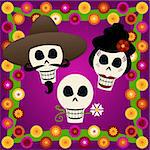 Three festive skulls celebrate Dia de los Muertos (the Day of the Dead, Oct.31-Nov2) - surrounded by colorful carnations