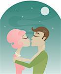 A couple is embraced and about to kiss in front of a night sky -- perfect for Valentines or anniversary designs