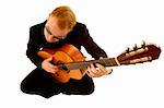 man playing a guitar isolated on white background