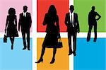 Five silhouette business people on different coloured squares