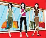 detailed illustration of three woman with shopping bags