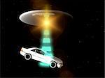 A car that is being adducted by a UFO with a glowing beam