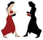 Young walking woman in long red dress. Vector silhouette