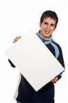 Teenager holding the blank poster on white background