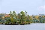 Wooden cozy cabin on a small island on a scenic lake