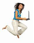 isolated jumping happy woman with laptop