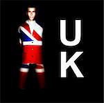 A  man with the Union Jack flag on his clothing, its the flag of Great Britain.