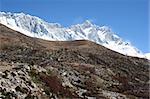 View towards Nuptse, Lhotse, and Everest from the trail between Tengboche and Pheriche near Orsho