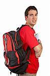 Teen student with a black backpack on white background