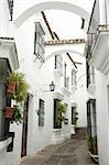 Typical andalusian street with white houses and flowers in the balconies