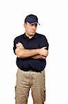 A serious courier standing on white background