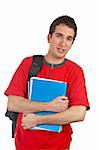 Teen student with a black backpack and books on white background