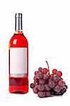 A red grapes bunch and wine bottle with blank label. White background with shadow
