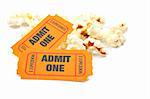 Popcorn and two tickets on white background with soft shadow. Shallow DOF