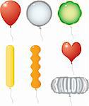 Illustration of seven different ballons in several different colors and shapes