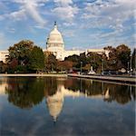 Capitol Building and reflection in water in Washington, DC, USA.