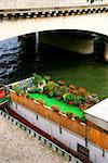 Charming houseboat with flowers docked on Seine in Paris, France