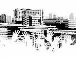 Vector halftone design of a city skyline with out-stretched hands