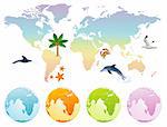 Rainbow map earth with dolphin, palm tree and globe, vector illustration