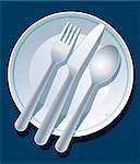Blue place setting with plate, fork, spoon and knife, vector.