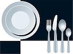 Blue place setting with plate, fork, spoon and knife, vector