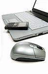 Busienss or personal productivity tools on white including a computer, mouse and  cellular telephone includes path for screen