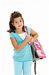 Child holding a school backpack and standing on a white background