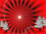 Christmas background in red and black with xmas trees and wavy lines