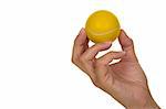 Feminine hand holding miniaturized rubber tennis ball over white background