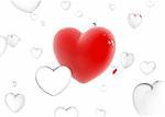 big red heart between glass flying hearts 3d model