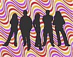 Silhouettes of young people on retro styled background
