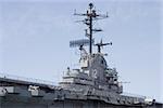 The bridge of the aircraft carrier intrepid, docked at Alameda California.