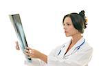 Woman medical professional analyzing a patient's xray, example, radiology, oncology, disease, prevention, diagnosis.