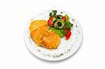 deep fried cheese in egg, with fresh vegetables, served on plate.