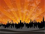 Illustration of sun setting over highrise city skyline