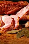 Gentle ham with and garlic Tasty meat natural composition in country style.