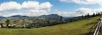 Summer panorama view mountain village outscirts (Slavske village, Ukraine, Carpathian Mts). Eight shots composite picture.