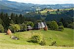 Summer mountainous green glade with small country estate  (Slavske village, Carpathian Mts, Ukraine).