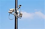 A series of security cameras on a pole.