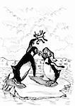 Pen and ink drawing of two penguins on an iceberg kissing under some mistletoe at Christmas