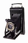 Classic folder bellows camera on white background;